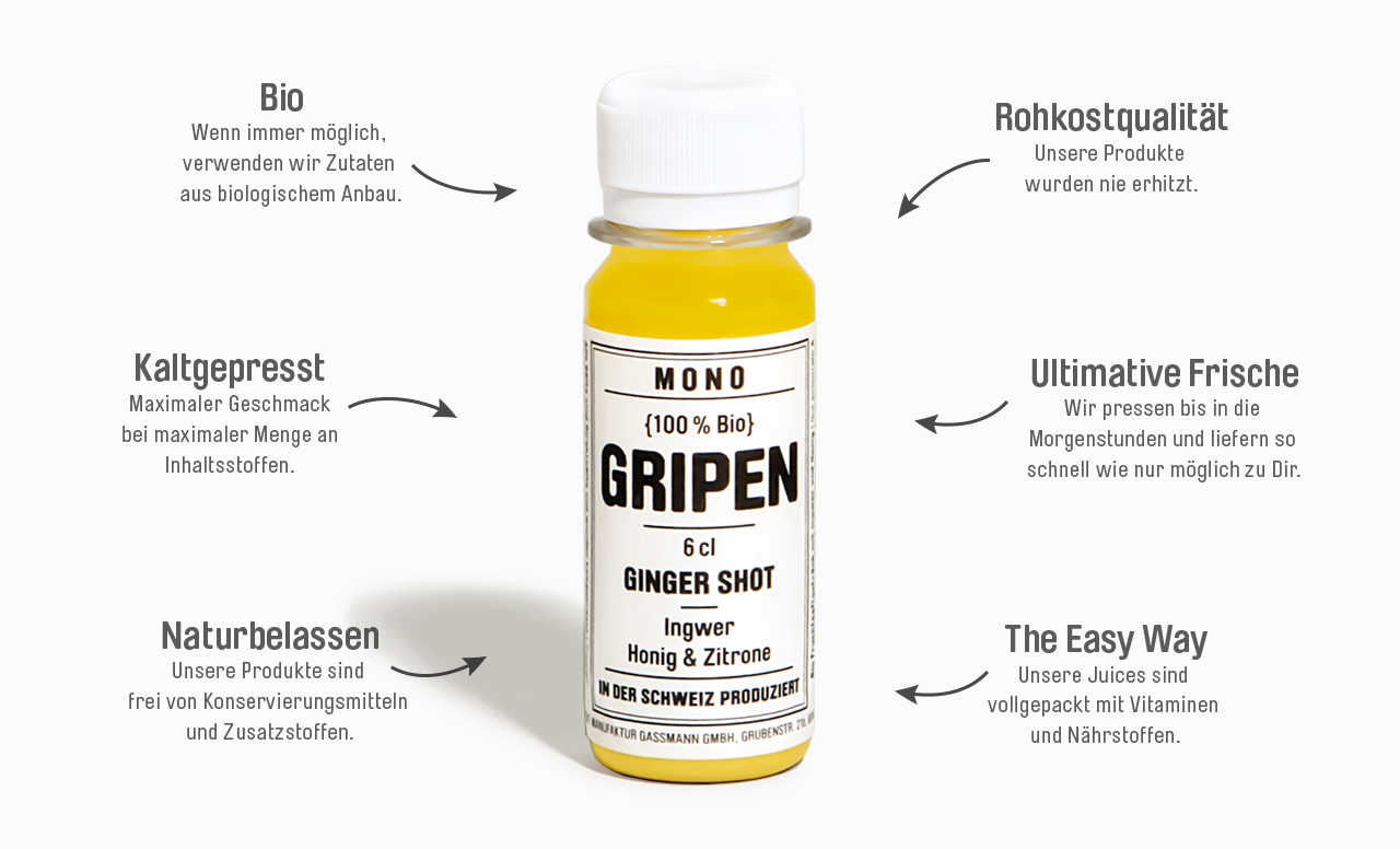 6 Gründe für MONO Smoothies & Juices
Die besten Zutaten und kompromisslose Frische. Das ist MONO.
100% Bio: Wir mögen weder Pestizide noch Zusatzstofe und verwenden keinen zusätzlichen Zucker.
Roh & Unpasteurisiert: Unsere Produkte sind unpasteurisiert und wurden nie erhitzt.
Kaltgepresst: Maximaler Geschmack bei maximaler Menge an Inhaltstoffen.
Regional & Saisonal: Wir verwenden zu 90% saisonales Gemüse und Früchte aus der Region.
Ultimative Frische: Wir pressen bis in die frühen Morgenstunden und liefern direkt nach der Produktion.
The EasyWay: Unsere Juices sind vollgepackt mit Vitaminen und Nährstoffen. Eine Flsche enthaält bis zu 1kg Gemüse und Früchte.